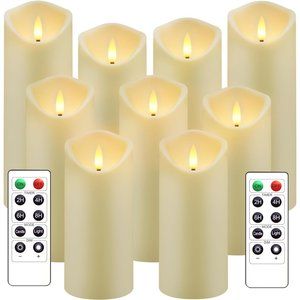 FLICKERING FLAMELESS CANDLES, w/ Remote Control Set of 9 (Ivory)